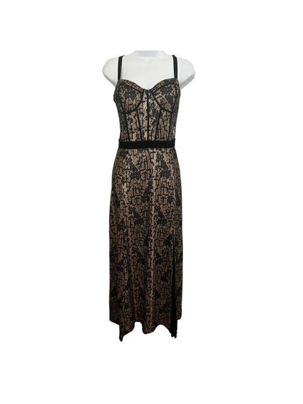 Galina Signature Formal Black Lace Over Nude Gold Glitter Material 14​